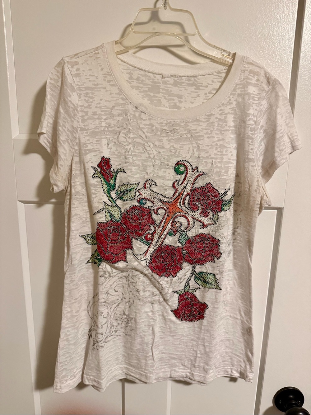 White Women's Floral Embellished Short-Sleeve Tee, Medium